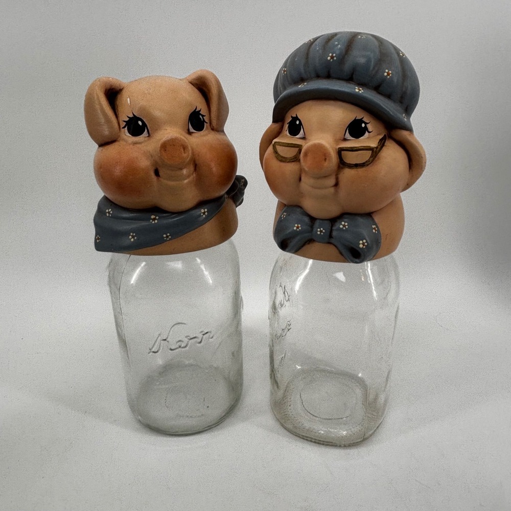 2 Vtg Handpainted Ceramic PigMr & MrsHead Jar Toppers Kerr GlassJarCottage
